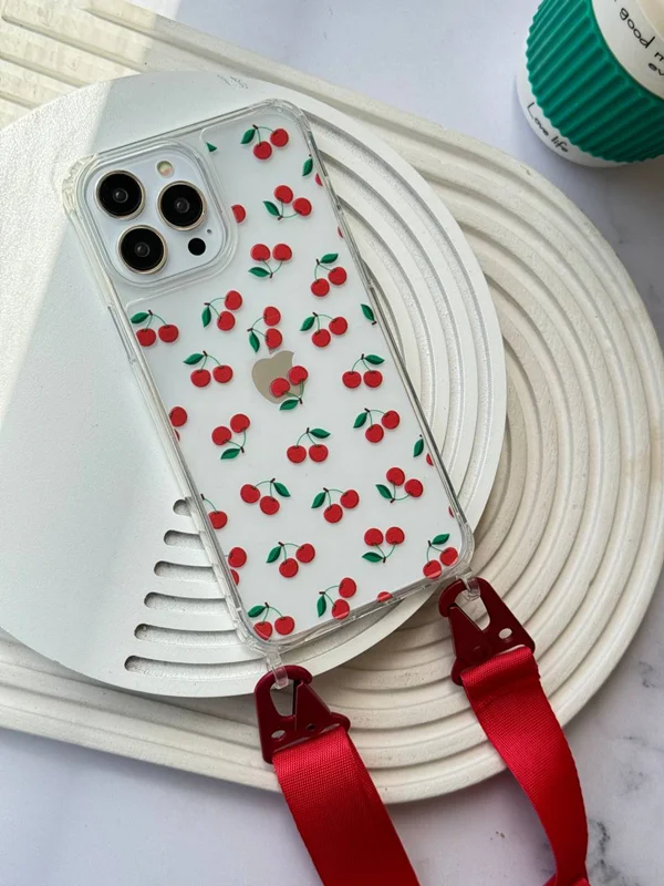 Transparent phone case with two cherry design hooks with red strap (customized)