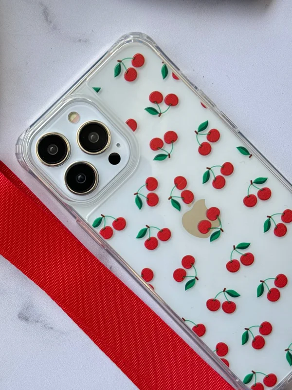 Transparent phone case with two cherry design hooks with red strap (customized)
