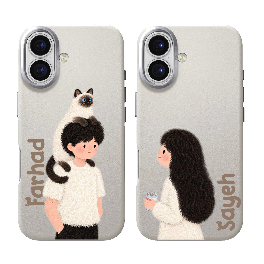 قاب موبایل سفارشی چرمی | cat couple (کد 0623)