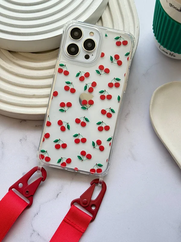 Transparent phone case with two cherry design hooks with red strap (customized)